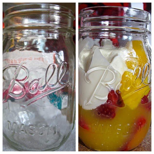 Take empty, clean jar and fill it with your choice of frozen fruit. I used mango and strawberries because they happened to be on sale. OJ because it's flu season and a little greek yogurt for protein. If you hate yogurt, don't add it. You'll still get something delicious.