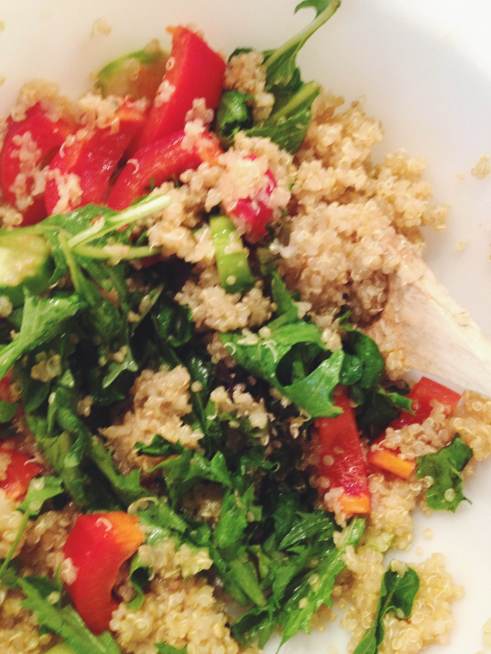 Please try this salad. It's much better than my blurry iphone photo might lead you to believe. It's super easy, quinoa is supposed to be good for you and you can put whatever you like in it. I'll turn my head.